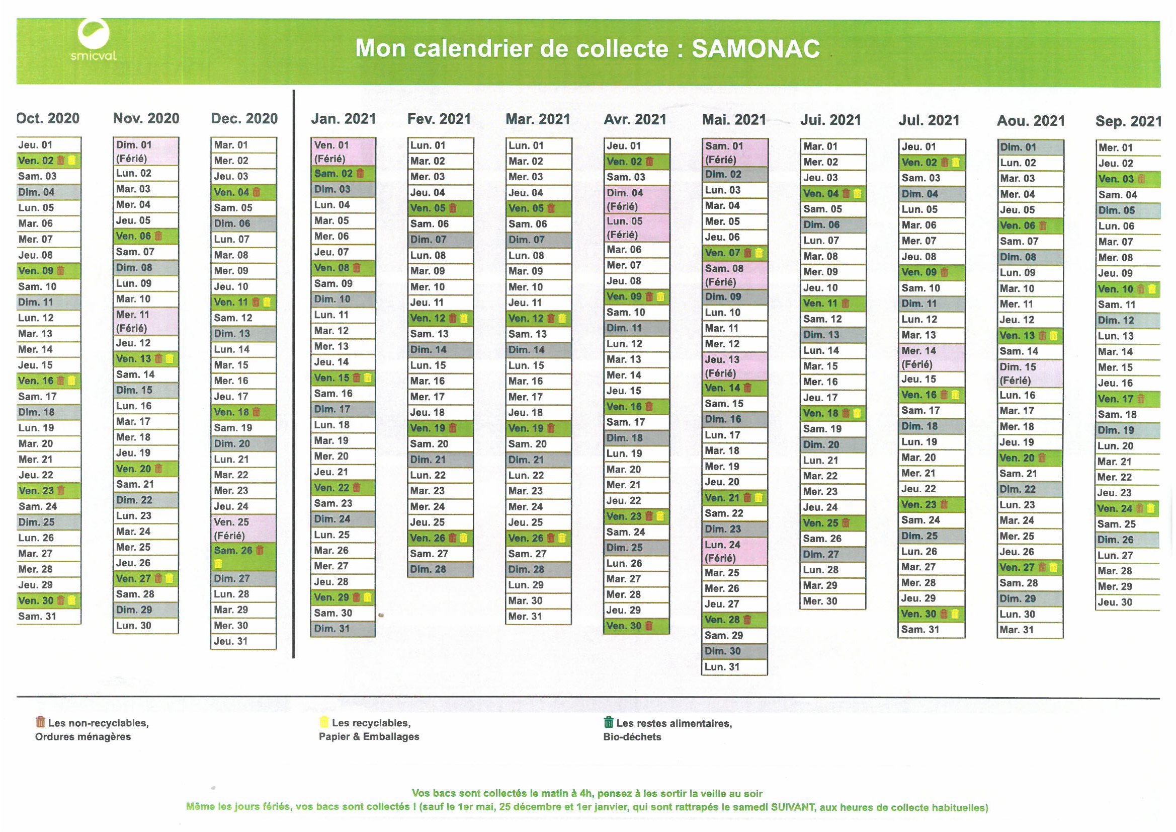 Smicval Calendrier De Collecte 2021 Calendrier SMICVAL 2020/2021   Samonac